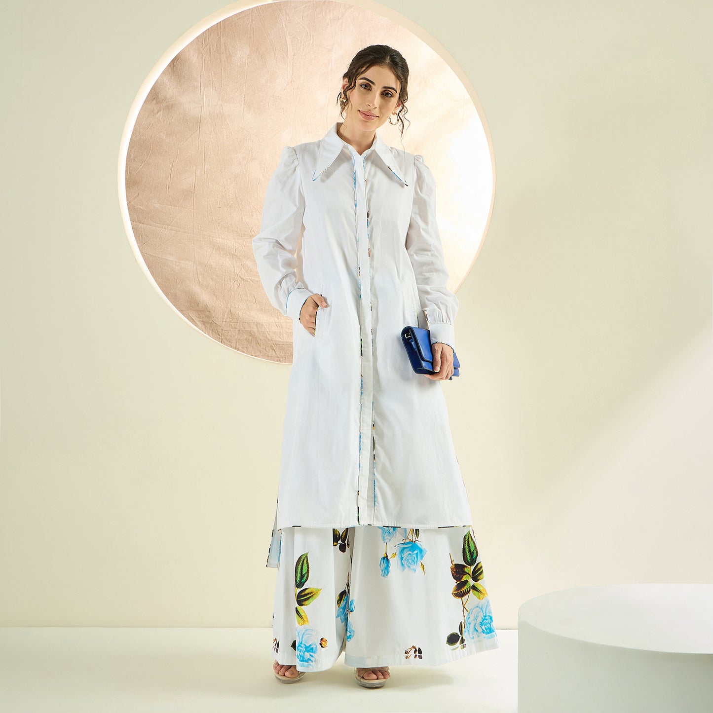 White and Light Blue Long Cotton Jacket and Floral Wide Leg Pants Set