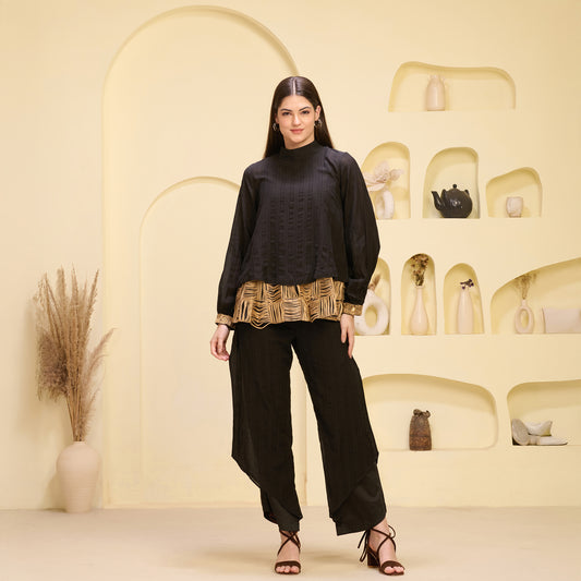 Black and Golden Hand Embroidered High Neck Top and Layered Trouser Set