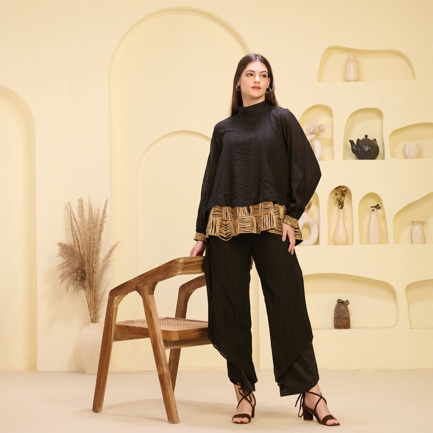 Black and Golden Hand Embroidered High Neck Top and Layered Trouser Set