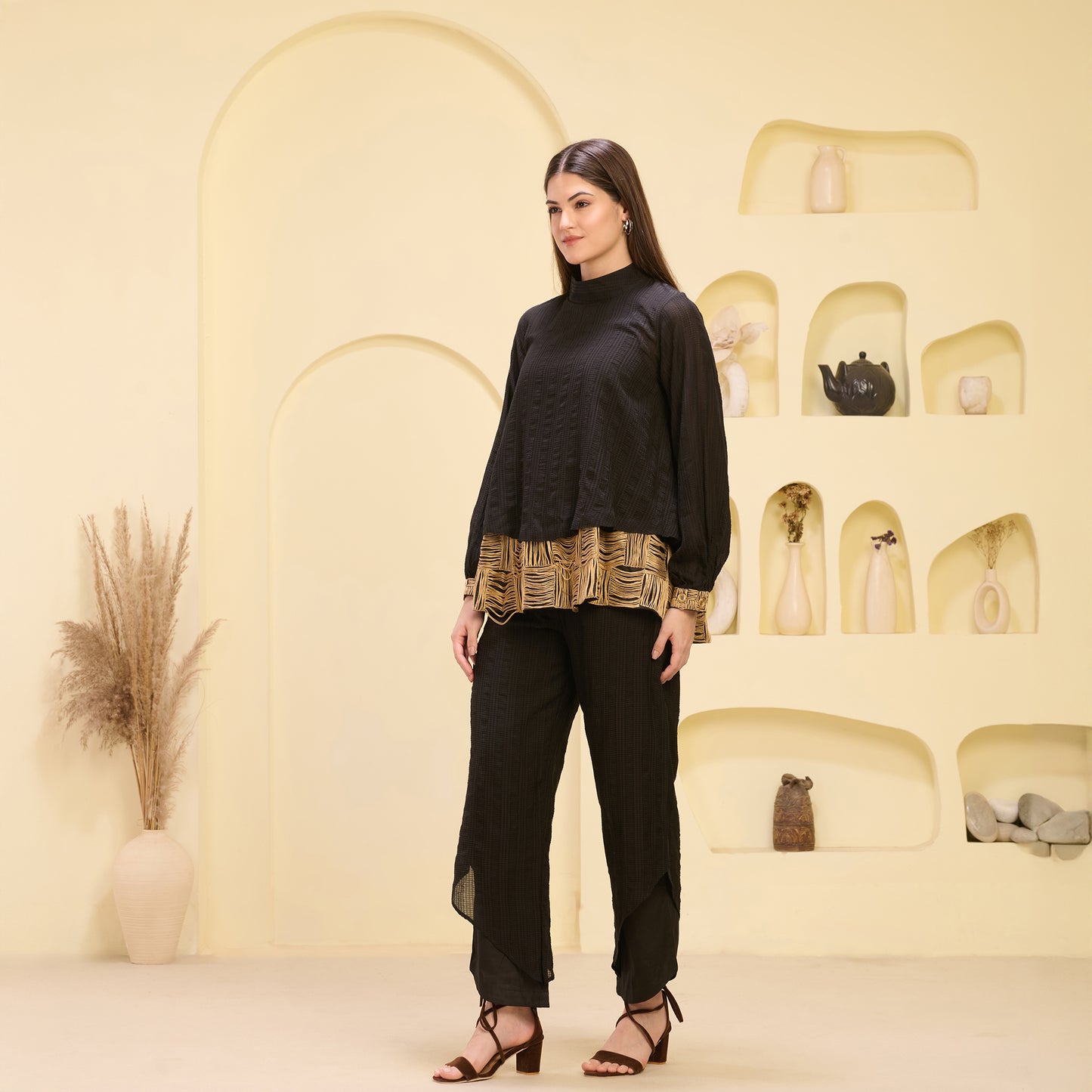 Black and Golden Hand Embroidered High Neck Top and Layered Trouser Set