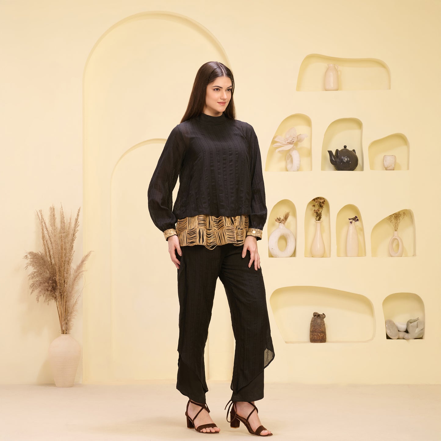 Black and Golden Hand Embroidered High Neck Top and Layered Trouser Set