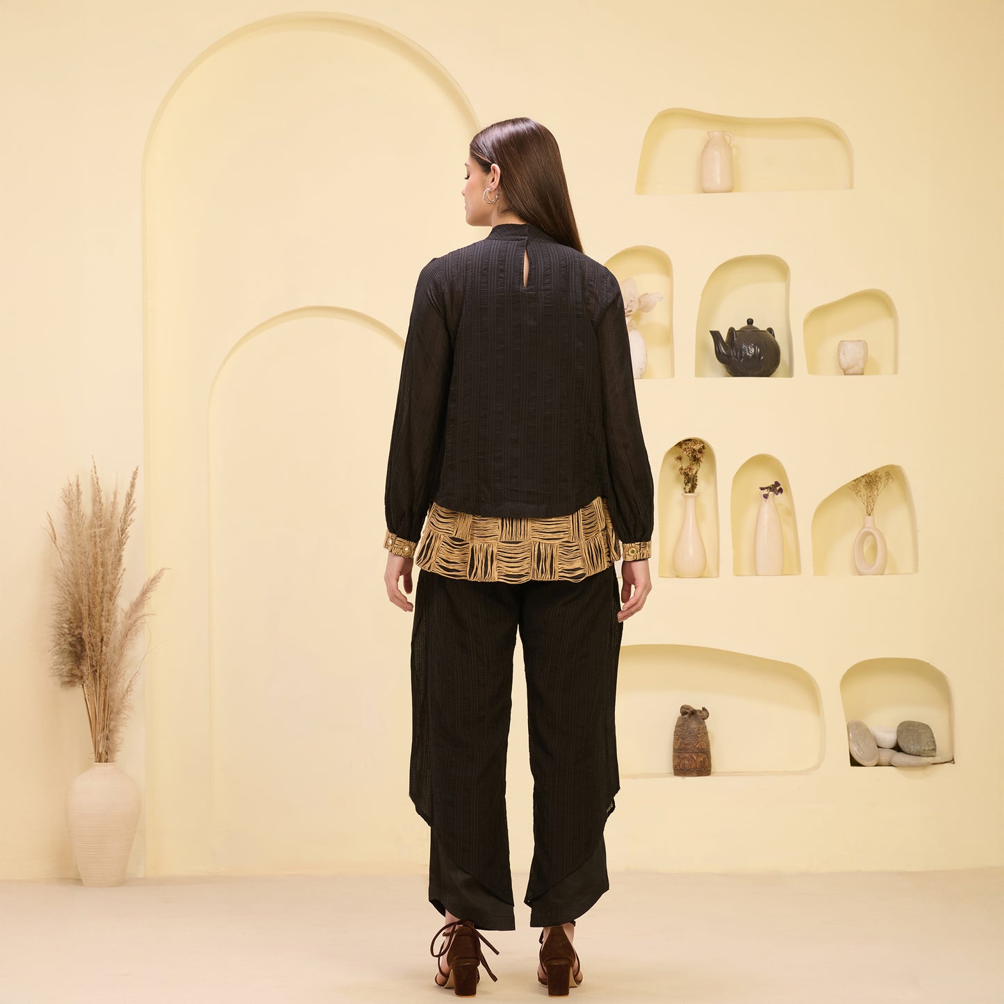 Black and Golden Hand Embroidered High Neck Top and Layered Trouser Set