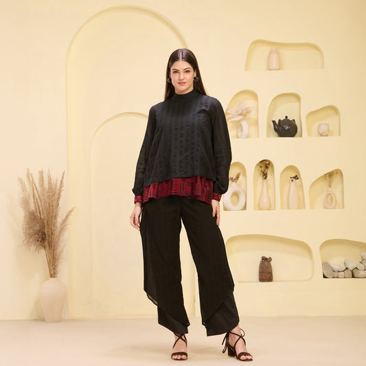 Black and Red Hand Embroidered High Neck Top and Layered Trouser Set