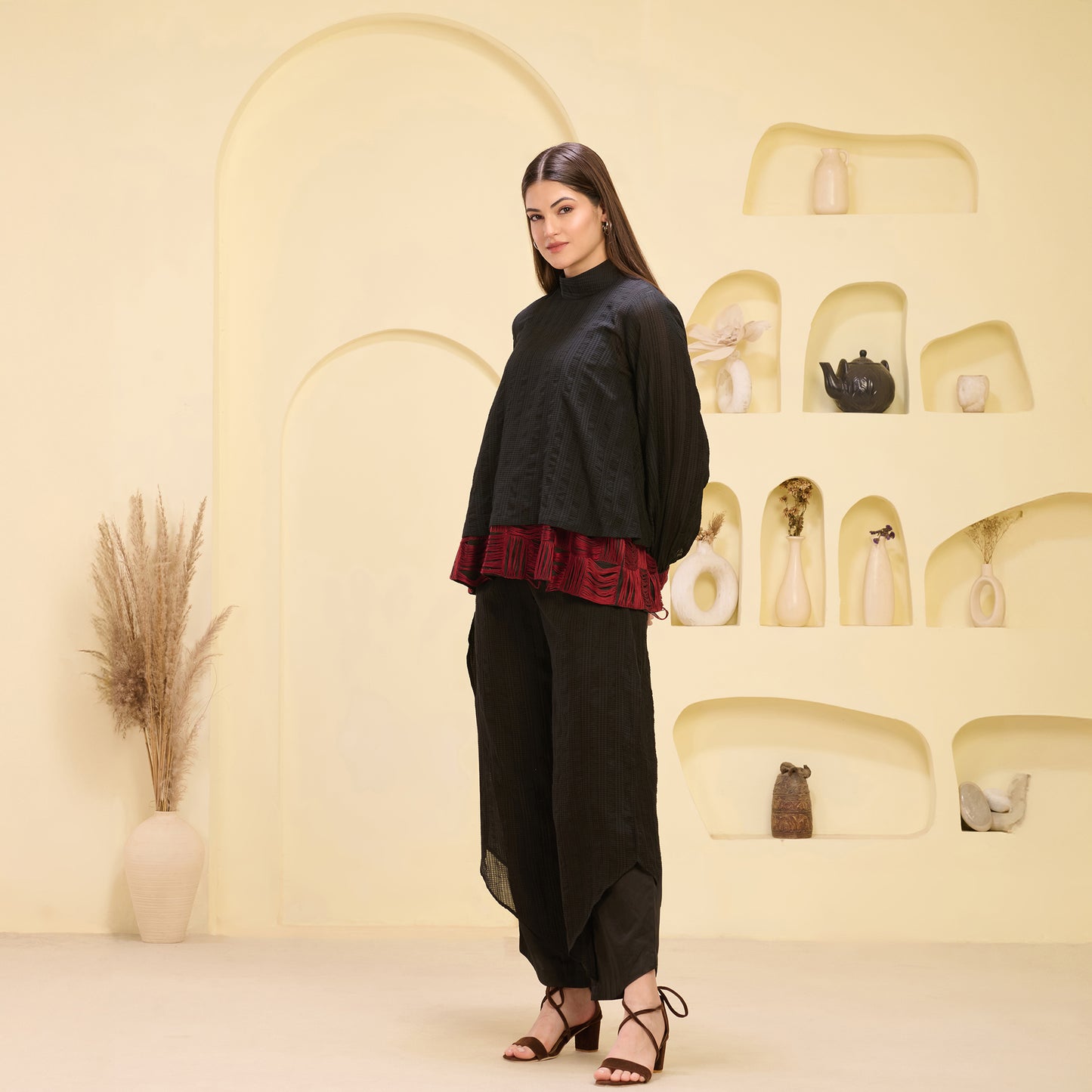 Black and Red Hand Embroidered High Neck Top and Layered Trouser Set