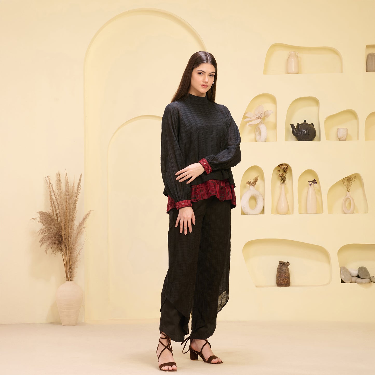 Black and Red Hand Embroidered High Neck Top and Layered Trouser Set