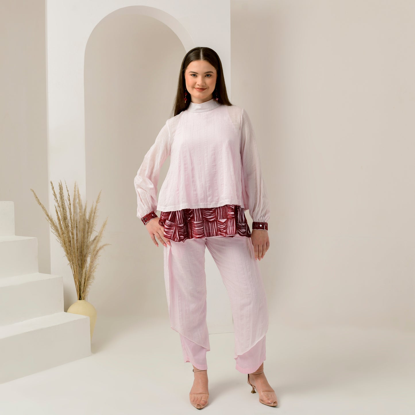 Pink and Red Hand Embroidered High Neck Top and Layered Trouser Set