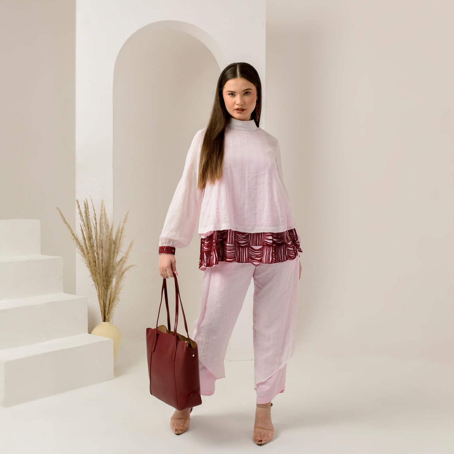 Pink and Red Hand Embroidered High Neck Top and Layered Trouser Set