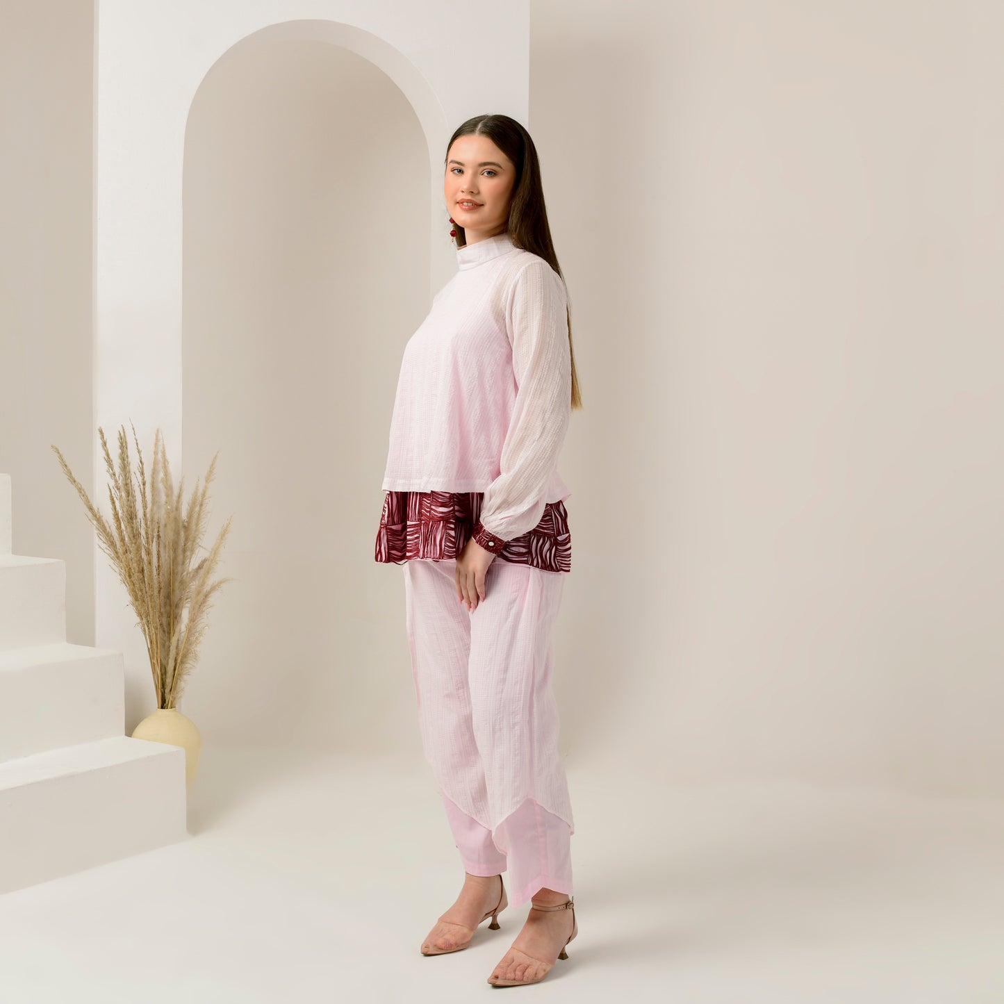 Pink and Red Hand Embroidered High Neck Top and Layered Trouser Set