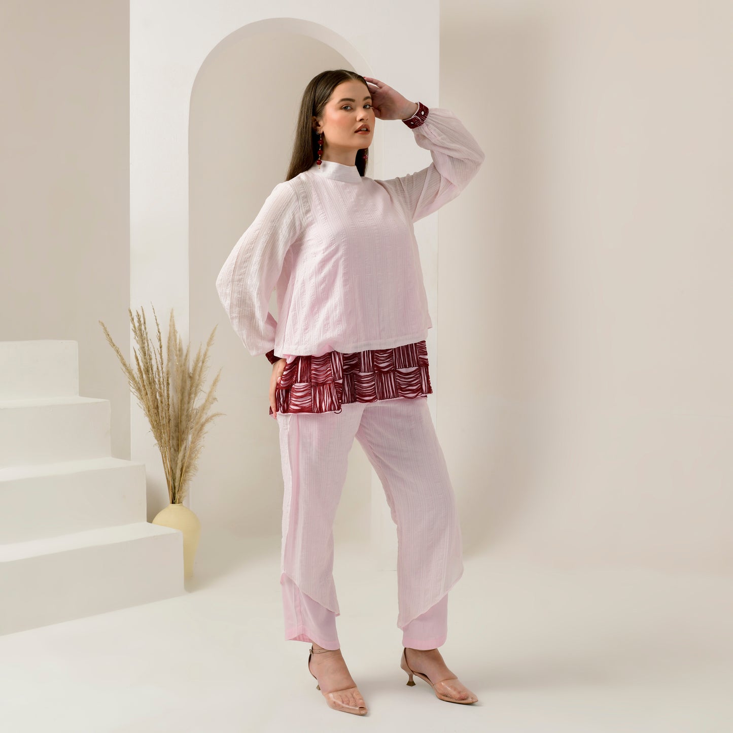 Pink and Red Hand Embroidered High Neck Top and Layered Trouser Set