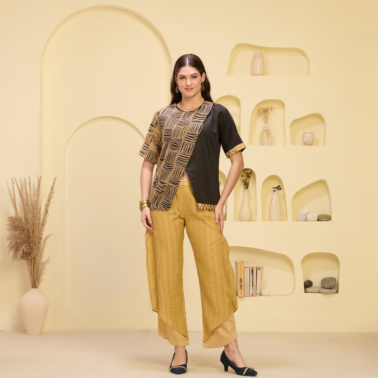 Black and Golden Hand Embroidered Overlap Top and Layered Trouser Set