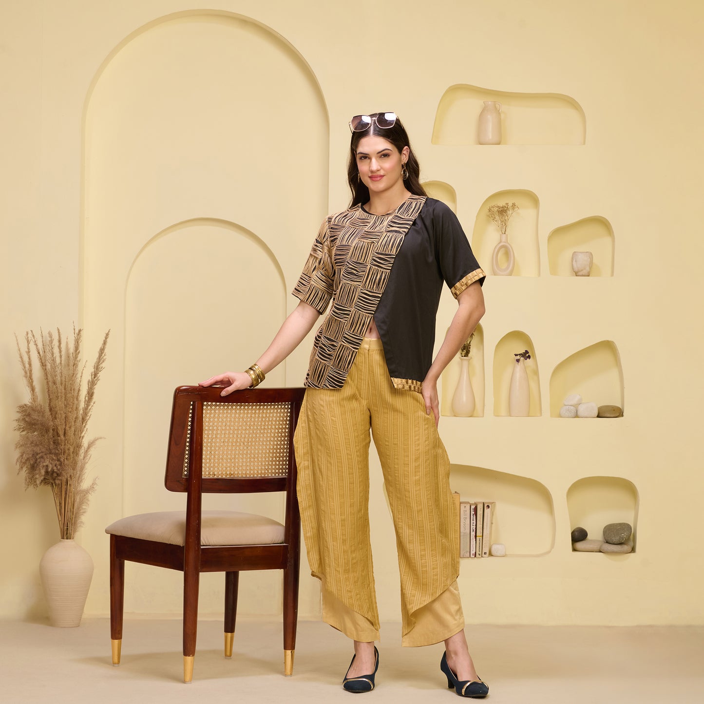 Black and Golden Hand Embroidered Overlap Top and Layered Trouser Set