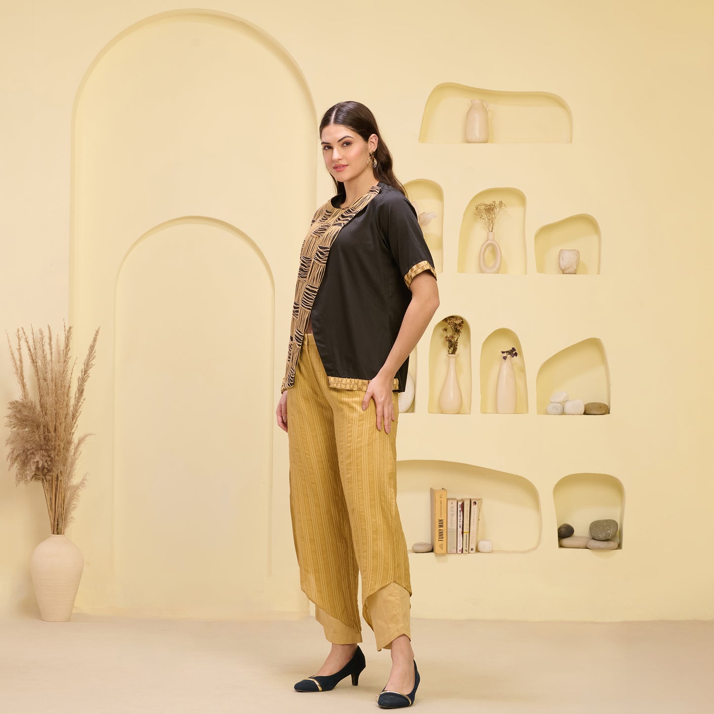 Black and Golden Hand Embroidered Overlap Top and Layered Trouser Set