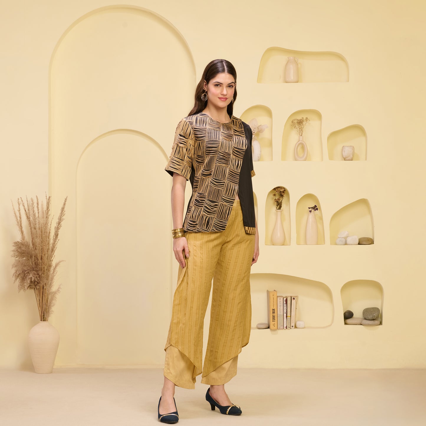 Black and Golden Hand Embroidered Overlap Top and Layered Trouser Set