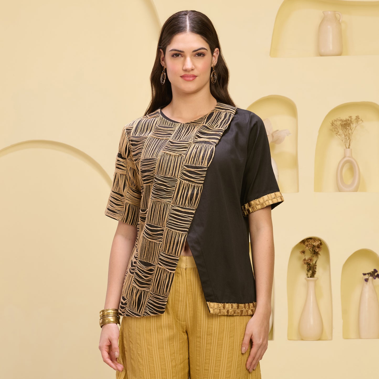 Black and Golden Hand Embroidered Overlap Top and Layered Trouser Set