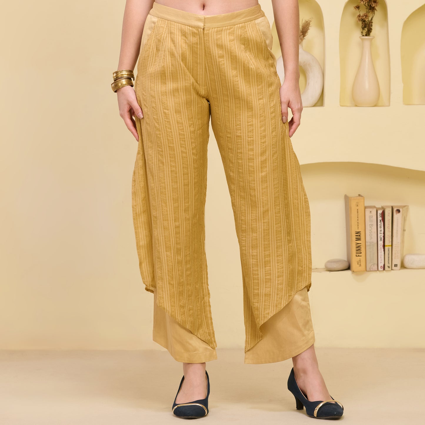 Black and Golden Hand Embroidered Overlap Top and Layered Trouser Set