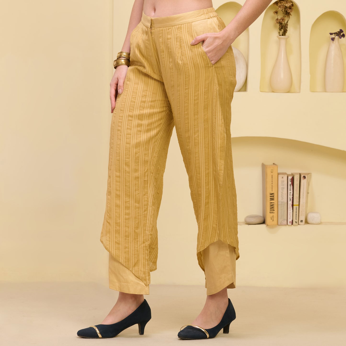 Black and Golden Hand Embroidered Overlap Top and Layered Trouser Set