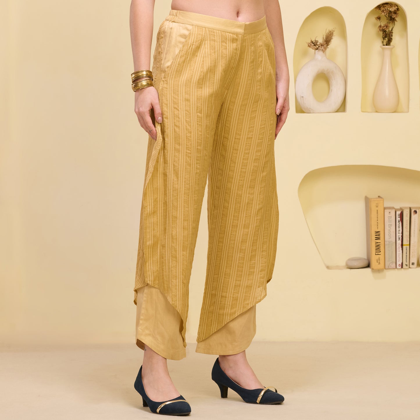 Black and Golden Hand Embroidered Overlap Top and Layered Trouser Set