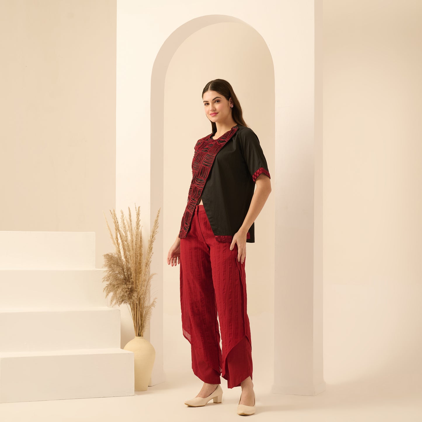 Black and Red Hand Embroidered Overlap Top and Layered Trouser Set