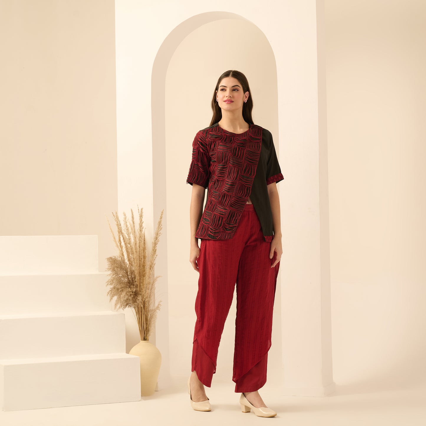 Black and Red Hand Embroidered Overlap Top and Layered Trouser Set