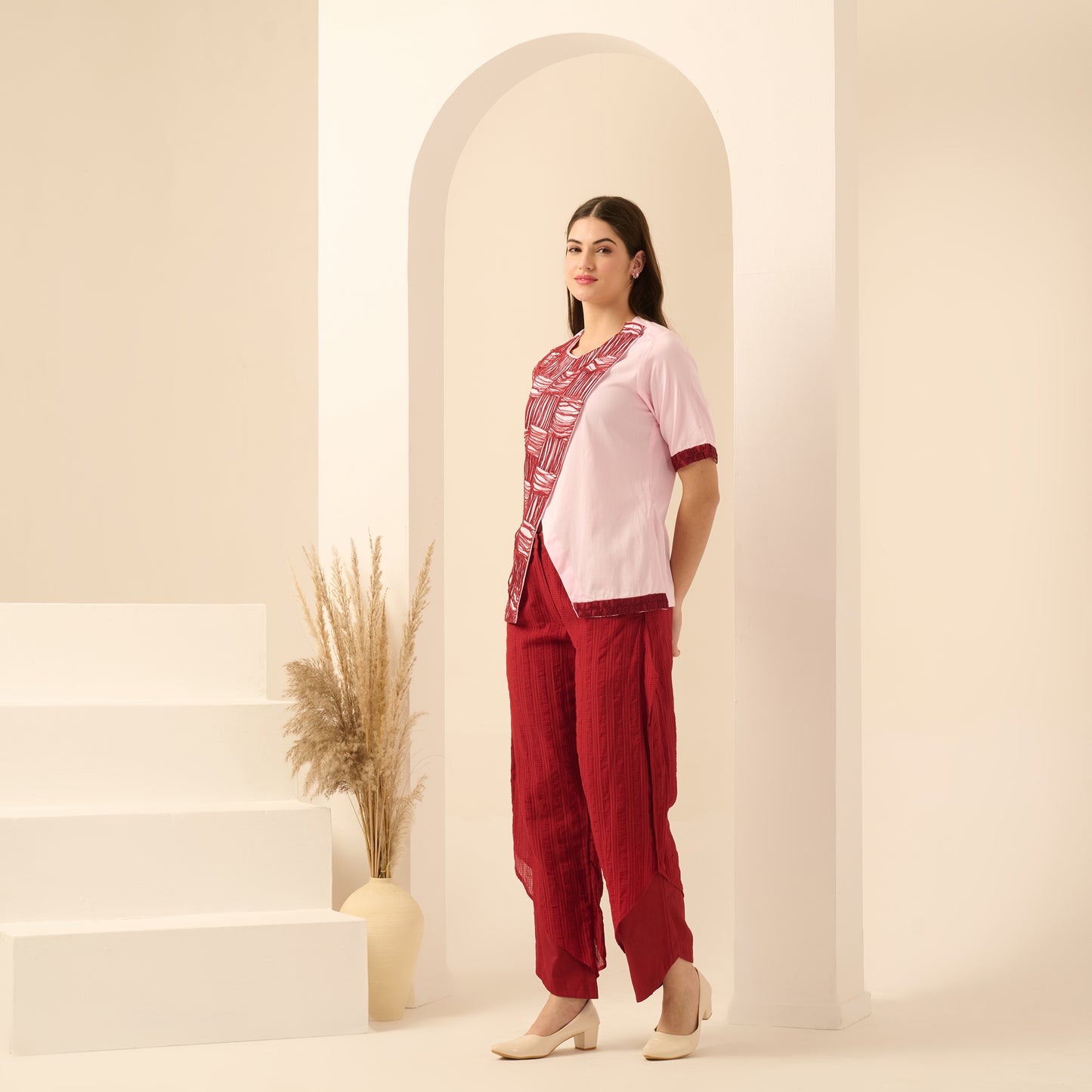 Pink and Red Hand Embroidered Overlap Top and Layered Trouser Set