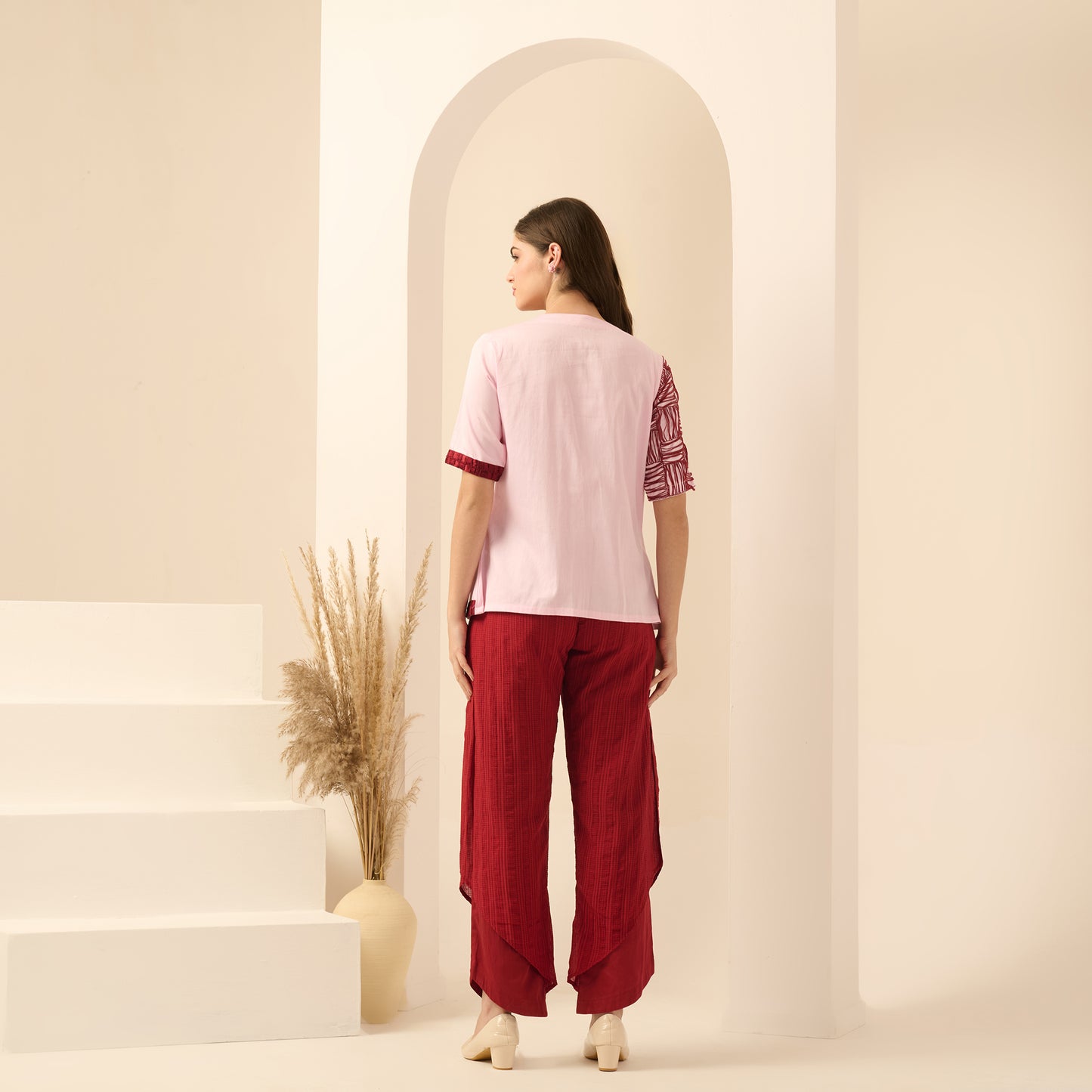 Pink and Red Hand Embroidered Overlap Top and Layered Trouser Set