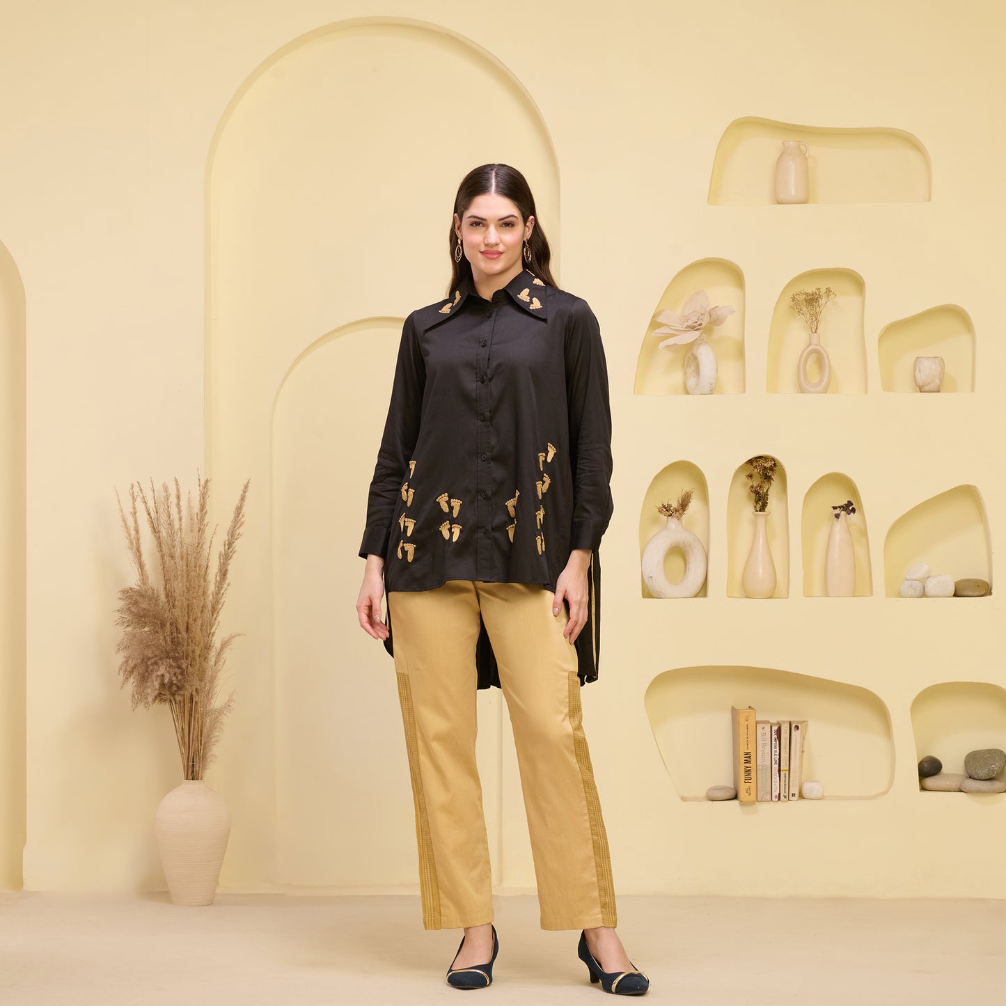 Black and Golden Hand Embroidered Pleated Shirt and Straight Trouser Set