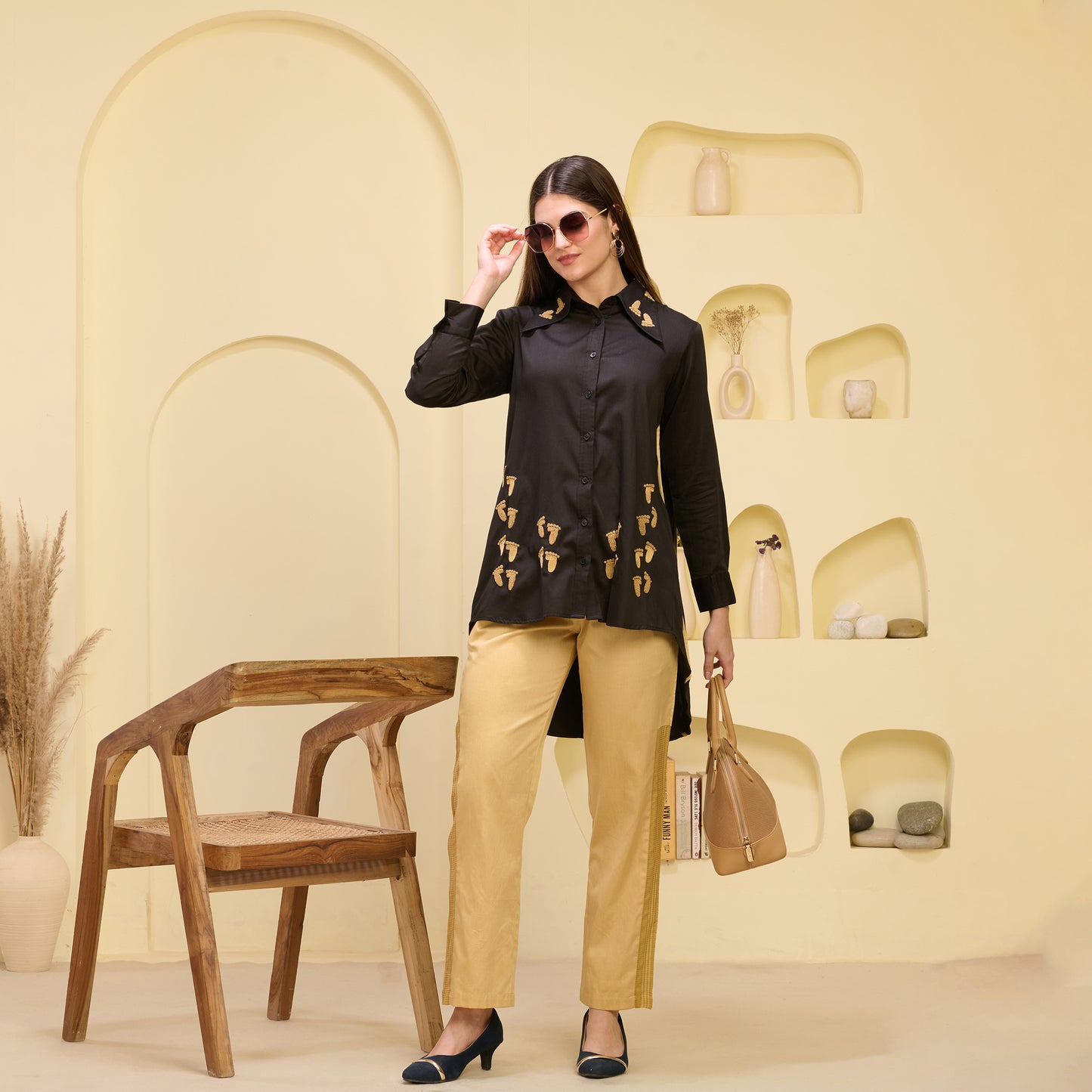 Black and Golden Hand Embroidered Pleated Shirt and Straight Trouser Set