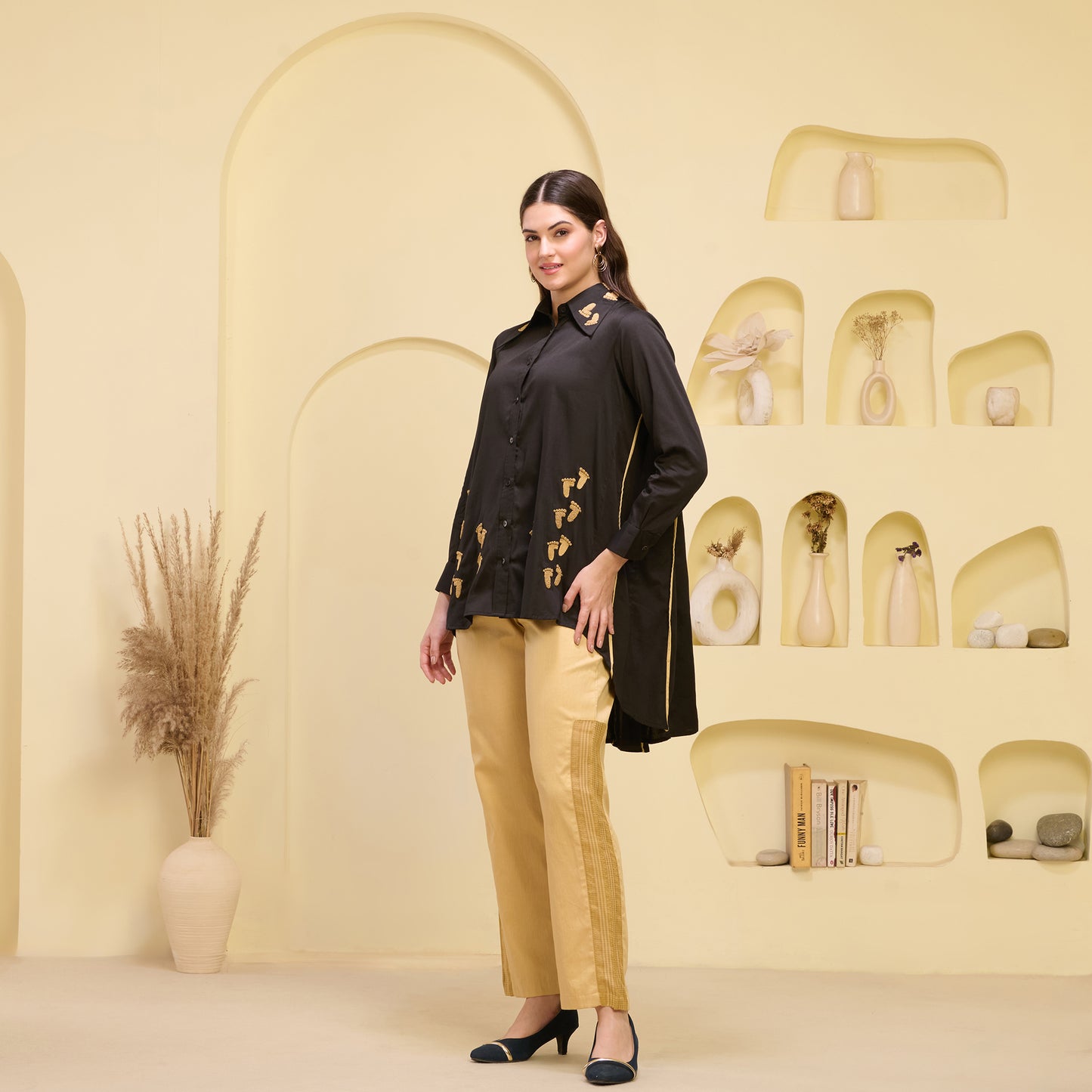 Black and Golden Hand Embroidered Pleated Shirt and Straight Trouser Set