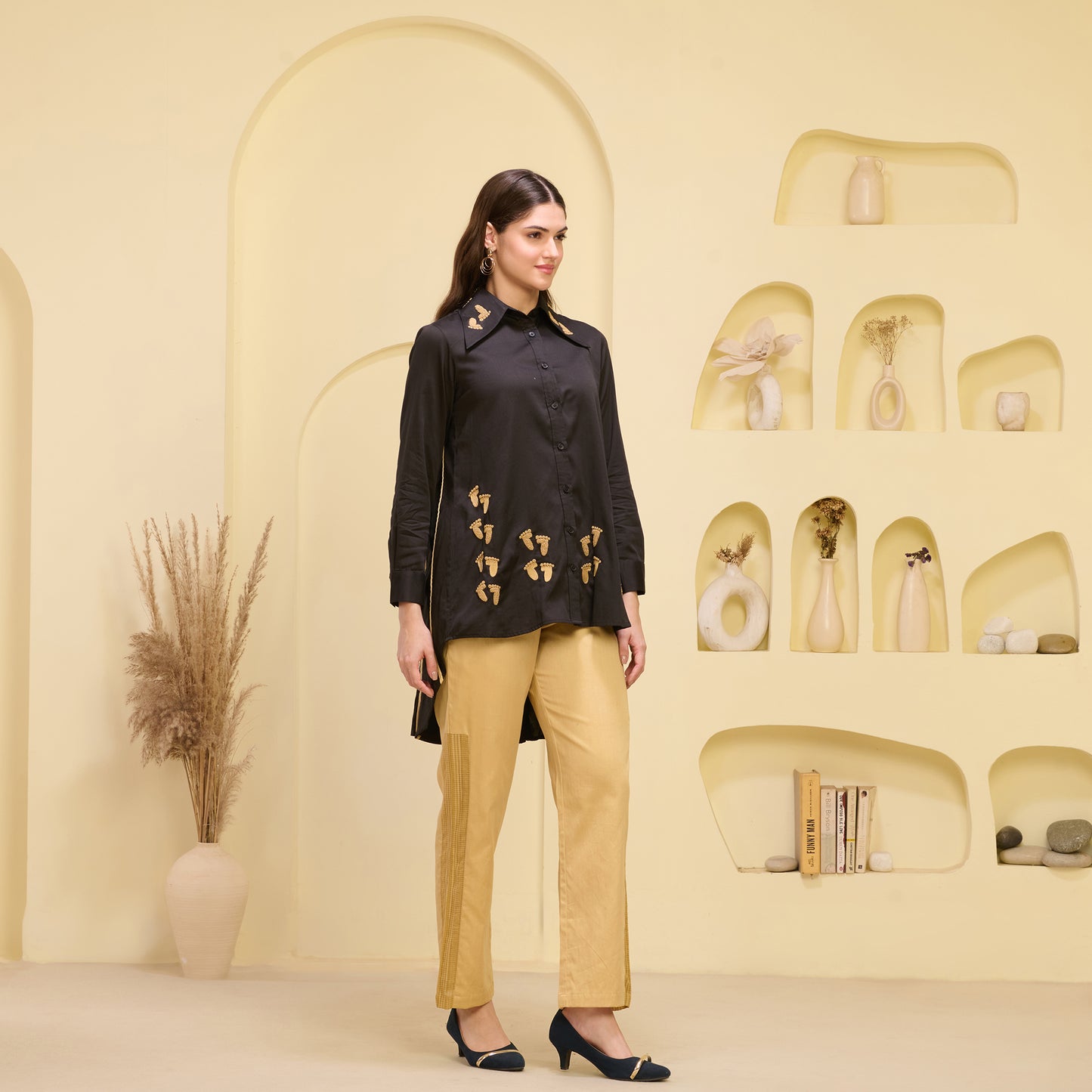 Black and Golden Hand Embroidered Pleated Shirt and Straight Trouser Set