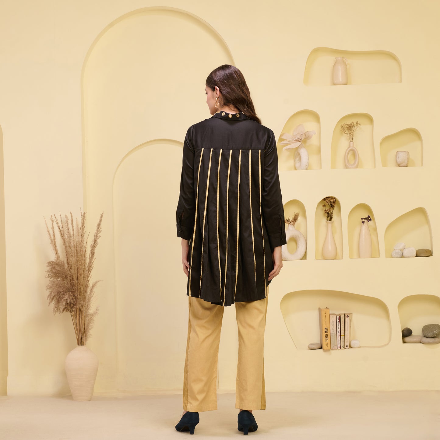 Black and Golden Hand Embroidered Pleated Shirt and Straight Trouser Set