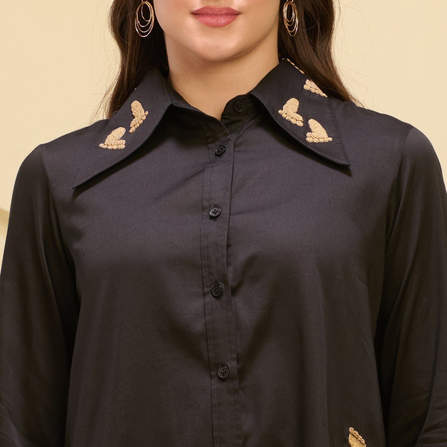 Black and Golden Hand Embroidered Pleated Shirt and Straight Trouser Set