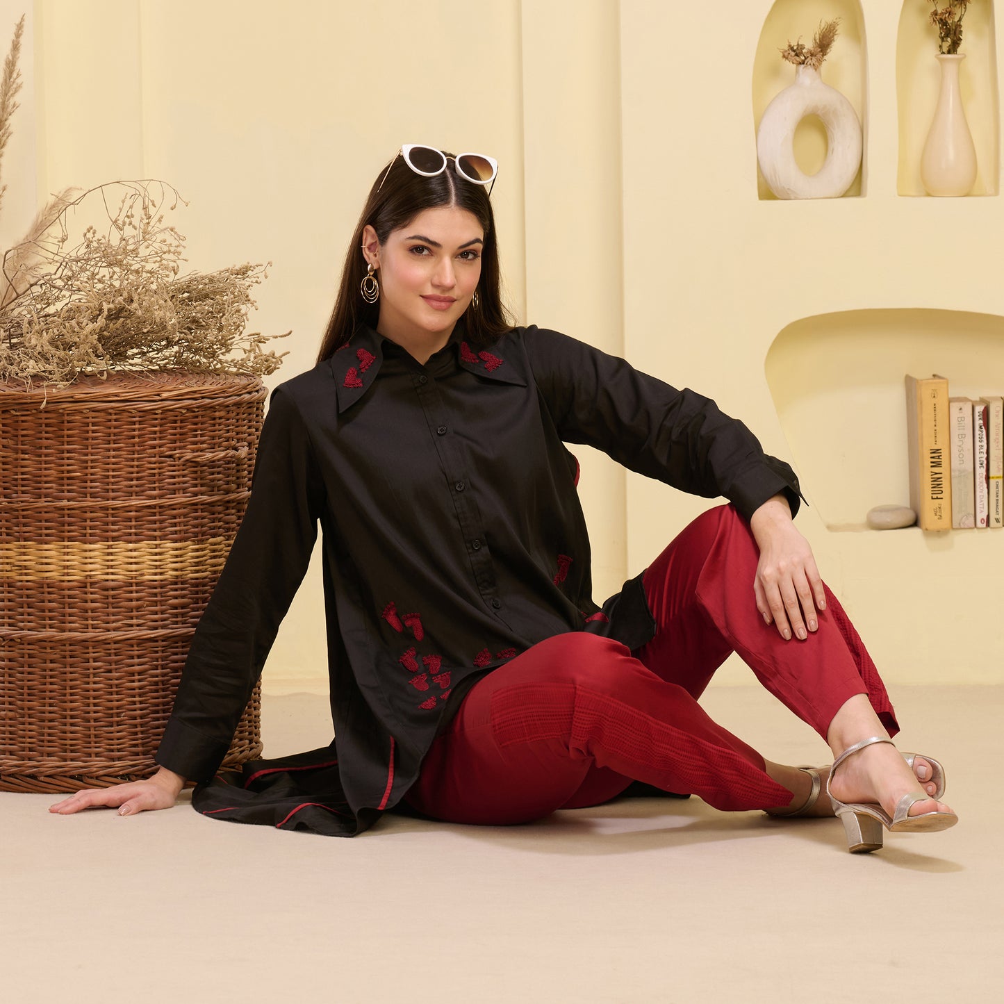 Black and Red Hand Embroidered Pleated Shirt and Straight Trouser Set