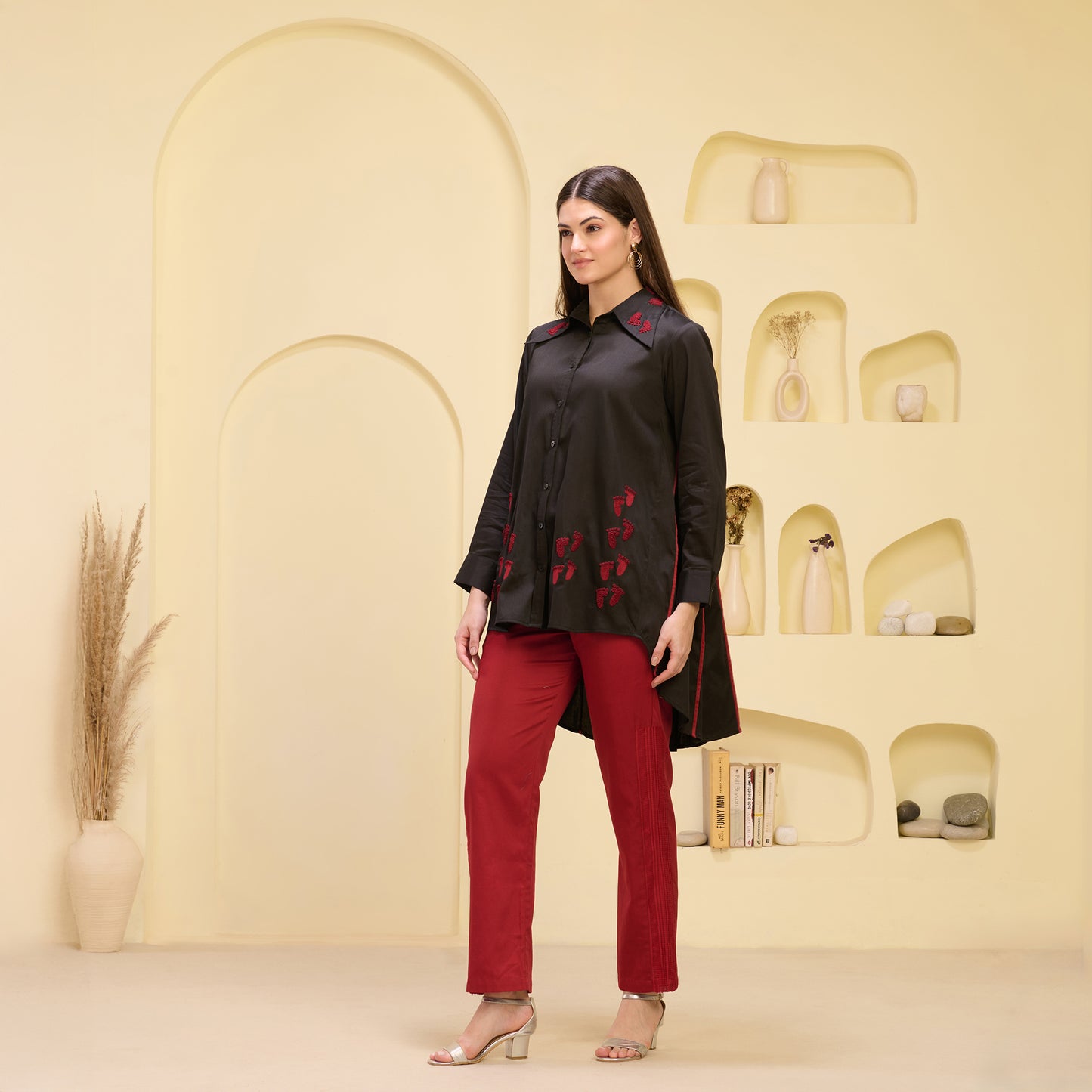 Black and Red Hand Embroidered Pleated Shirt and Straight Trouser Set