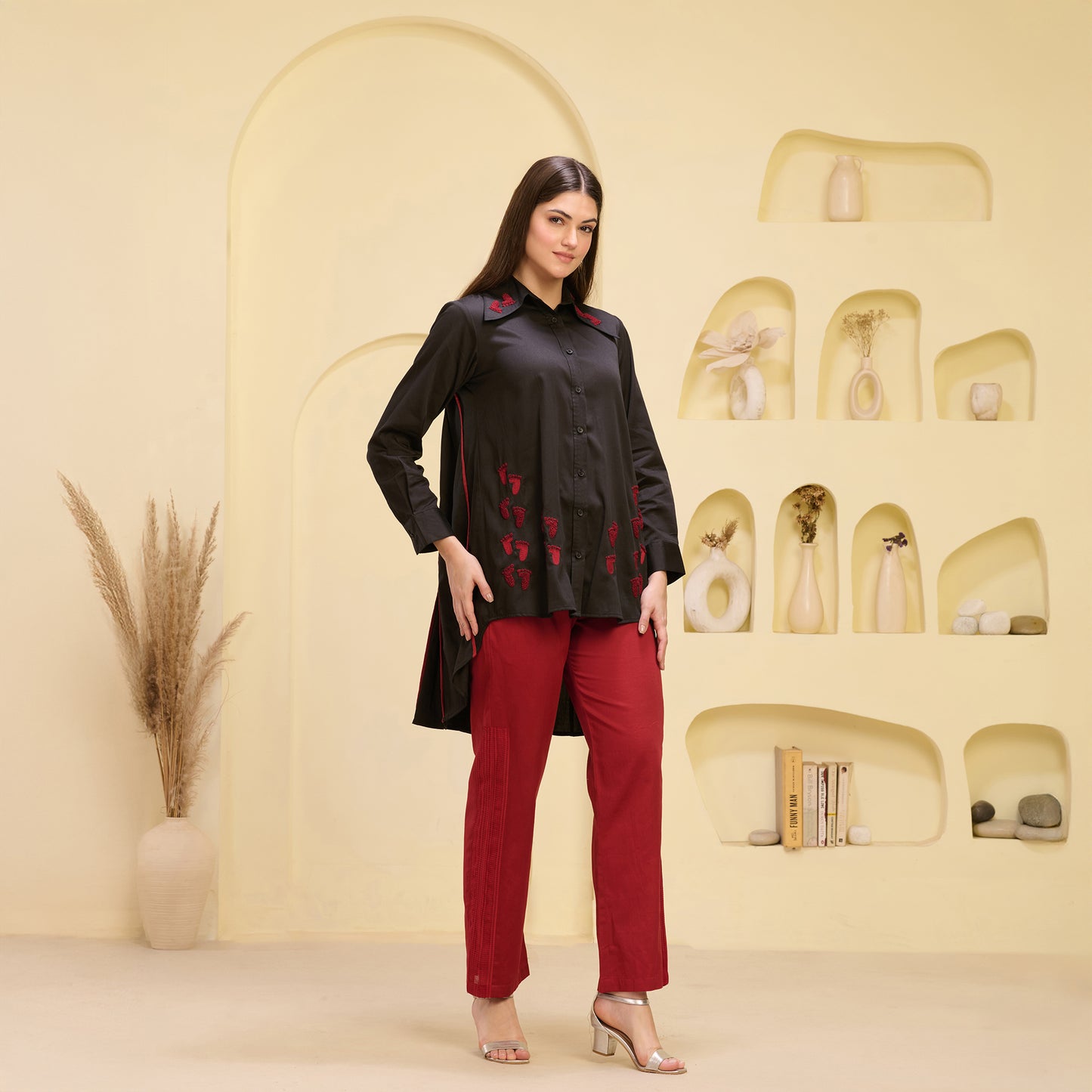 Black and Red Hand Embroidered Pleated Shirt and Straight Trouser Set