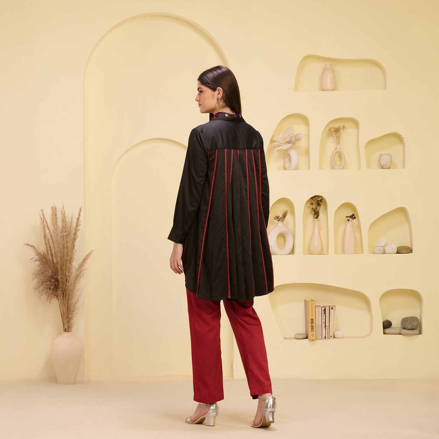 Black and Red Hand Embroidered Pleated Shirt and Straight Trouser Set