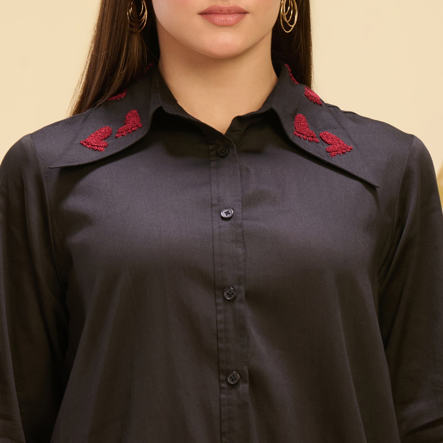 Black and Red Hand Embroidered Pleated Shirt and Straight Trouser Set