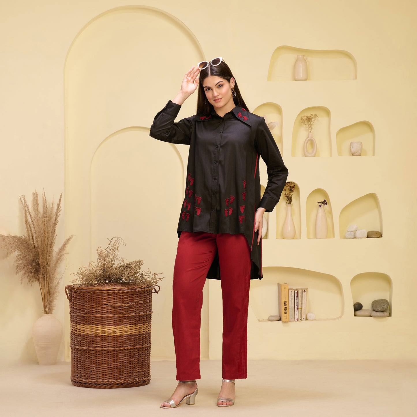 Black and Red Hand Embroidered Pleated Shirt and Straight Trouser Set