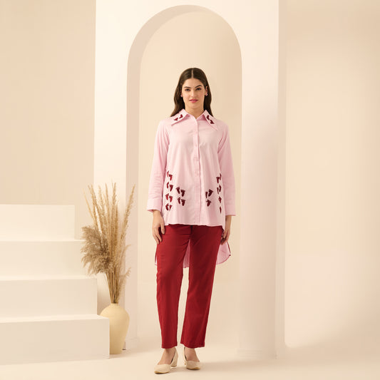 Pink and Red Hand Embroidered Pleated Shirt and Straight Trouser Set