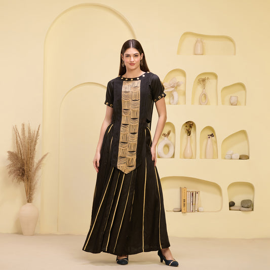 Black and Golden Hand Embroidered Asymmetric Top and Pleated Skirt Set