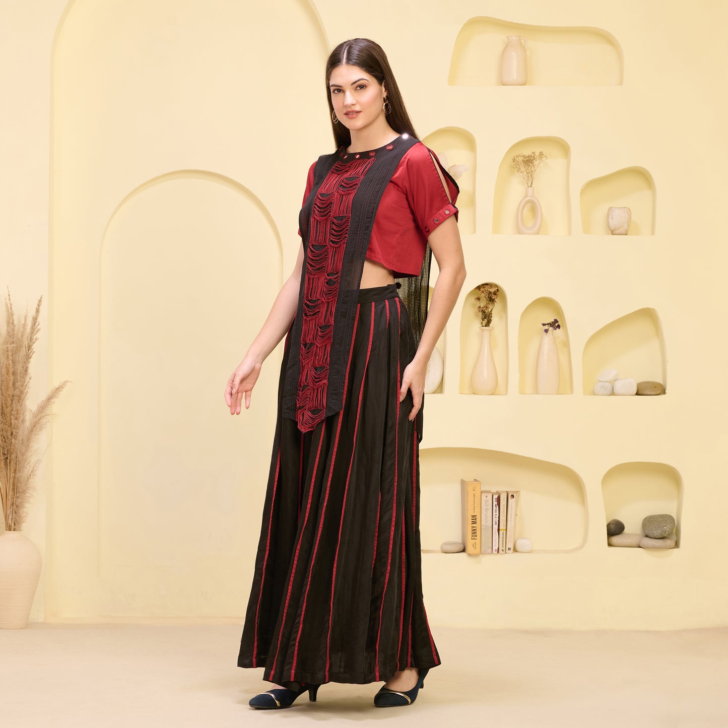 Black and Red Hand Embroidered Asymmetric Top and Pleated Skirt Set