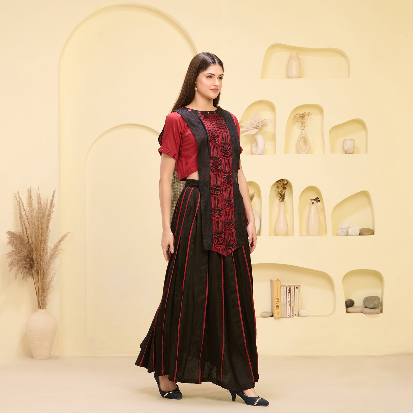 Black and Red Hand Embroidered Asymmetric Top and Pleated Skirt Set