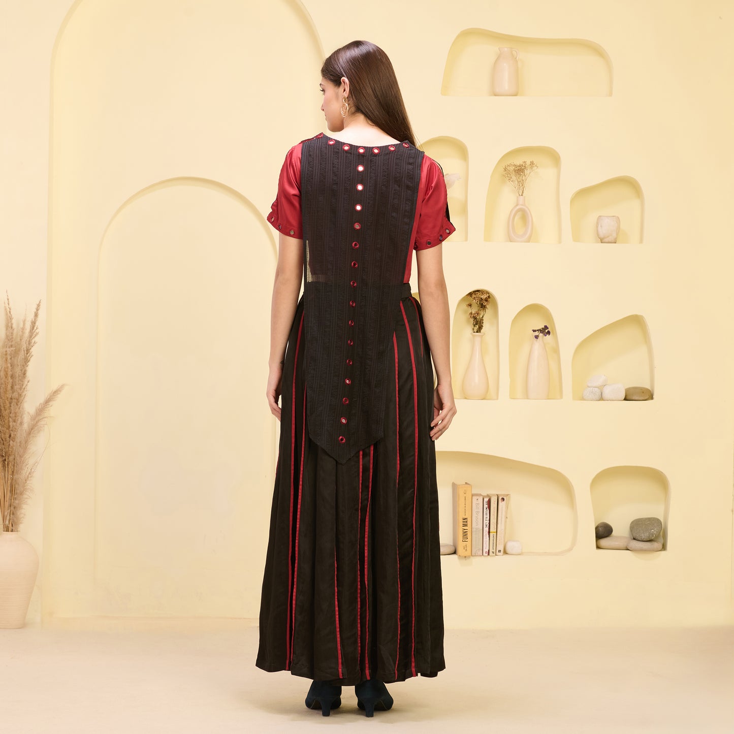 Black and Red Hand Embroidered Asymmetric Top and Pleated Skirt Set