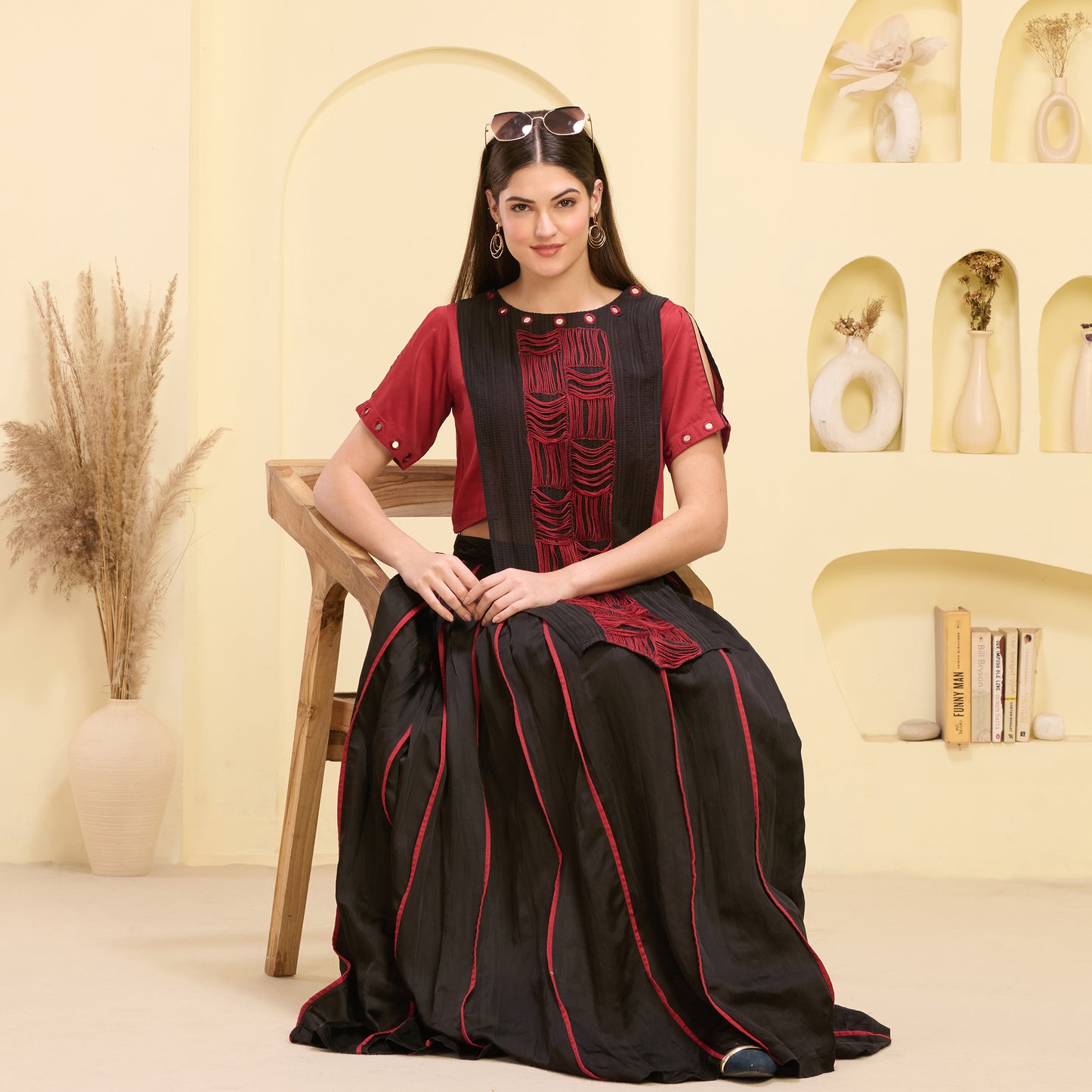 Black and Red Hand Embroidered Asymmetric Top and Pleated Skirt Set