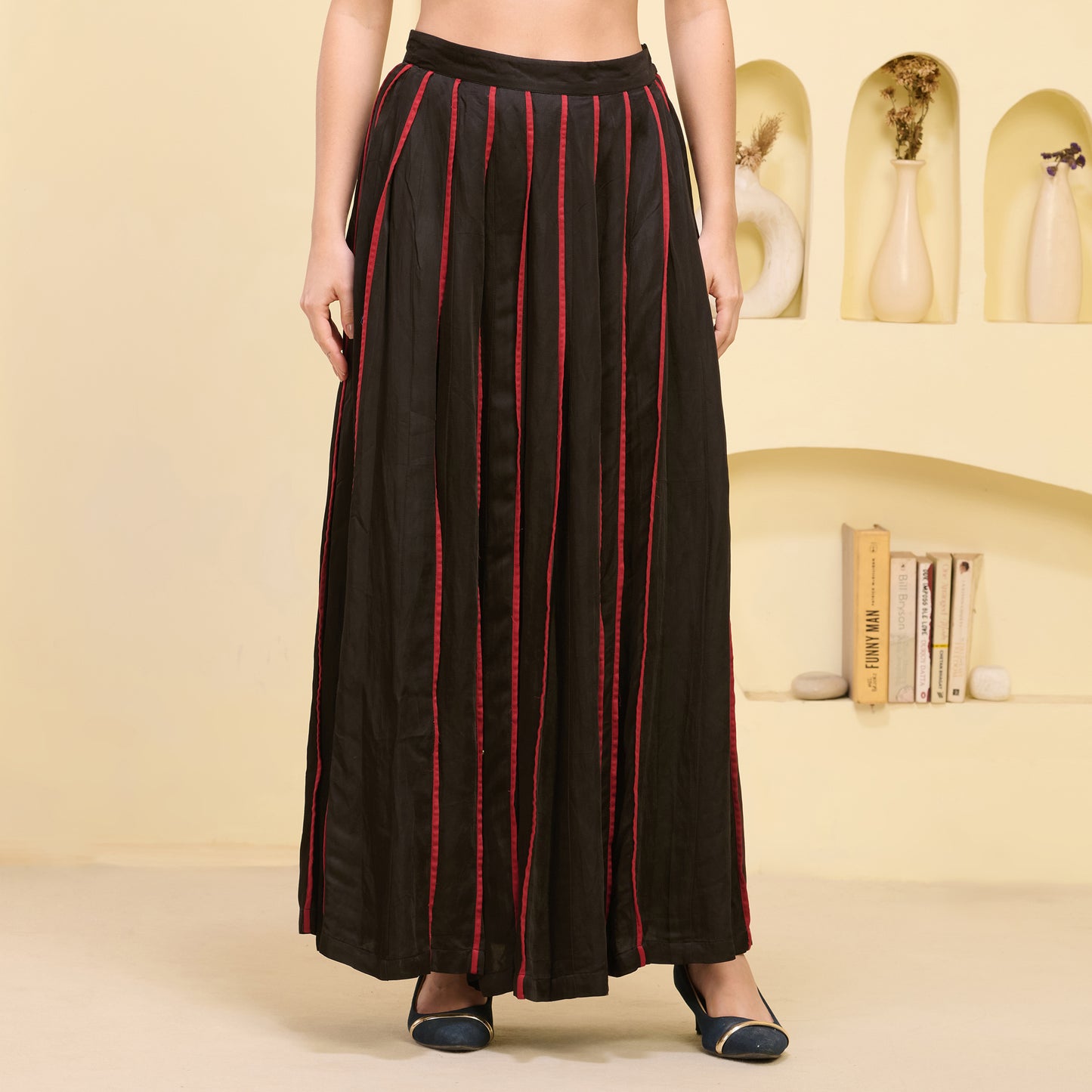 Black and Red Hand Embroidered Asymmetric Top and Pleated Skirt Set