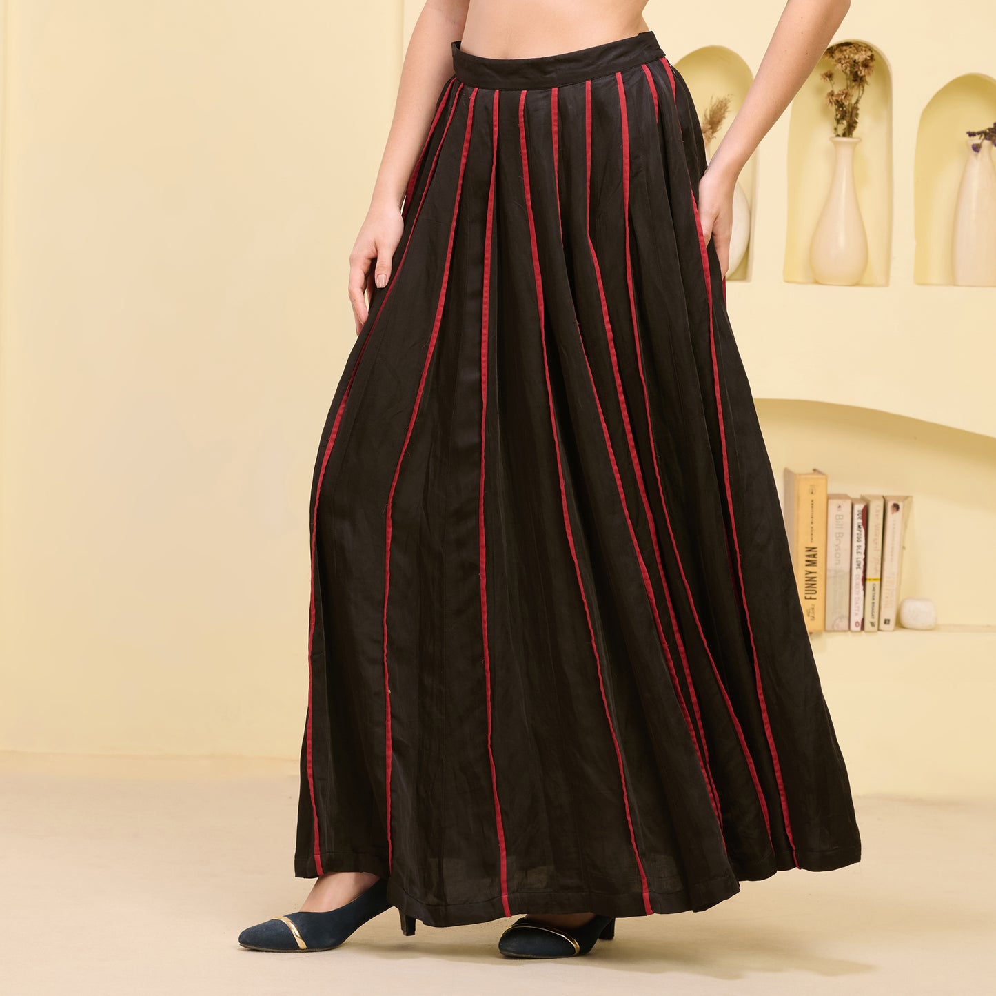 Black and Red Hand Embroidered Asymmetric Top and Pleated Skirt Set