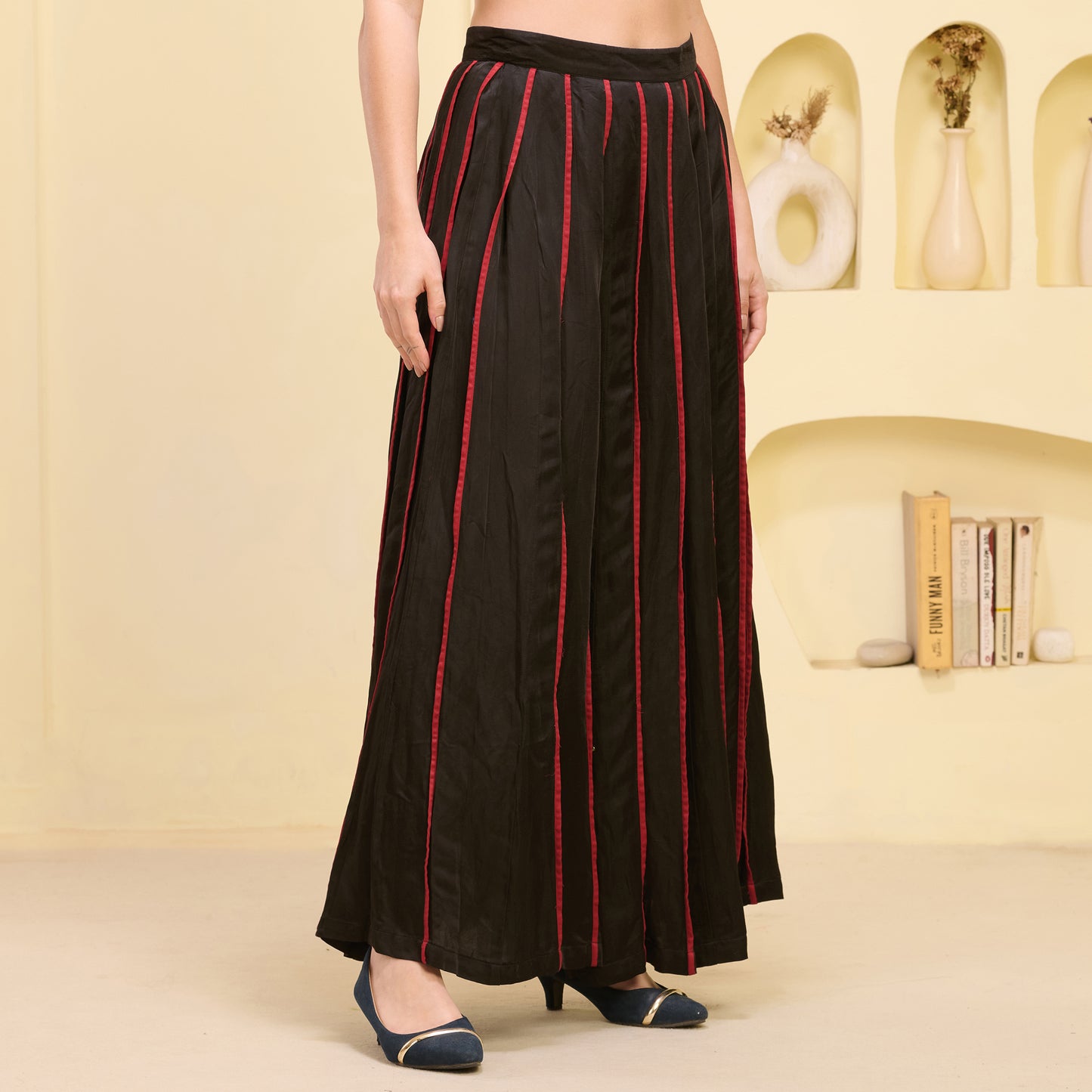 Black and Red Hand Embroidered Asymmetric Top and Pleated Skirt Set