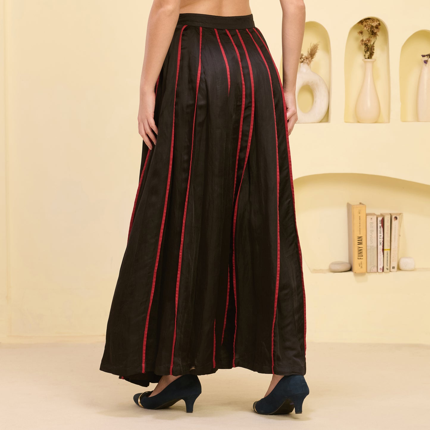 Black and Red Hand Embroidered Asymmetric Top and Pleated Skirt Set