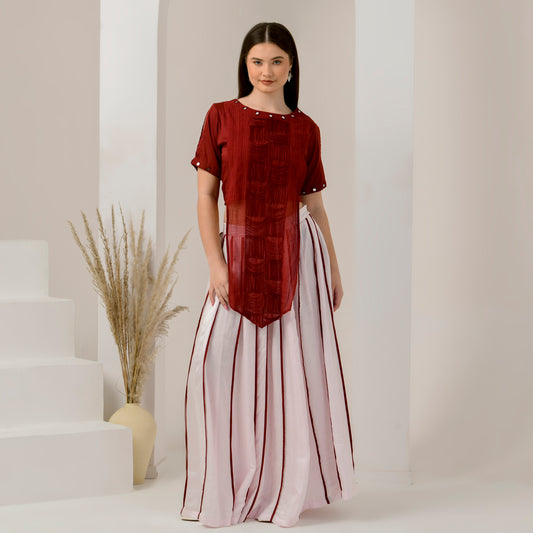 Pink and Red Hand Embroidered Asymmetric Top and Pleated Skirt Set