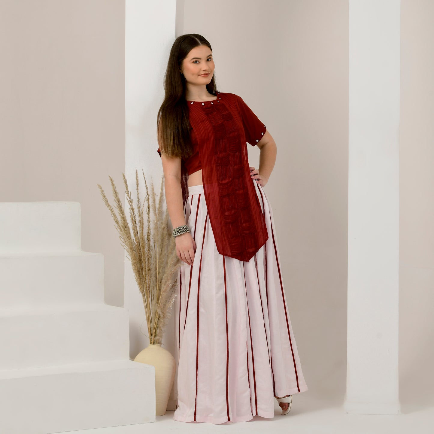 Pink and Red Hand Embroidered Asymmetric Top and Pleated Skirt Set