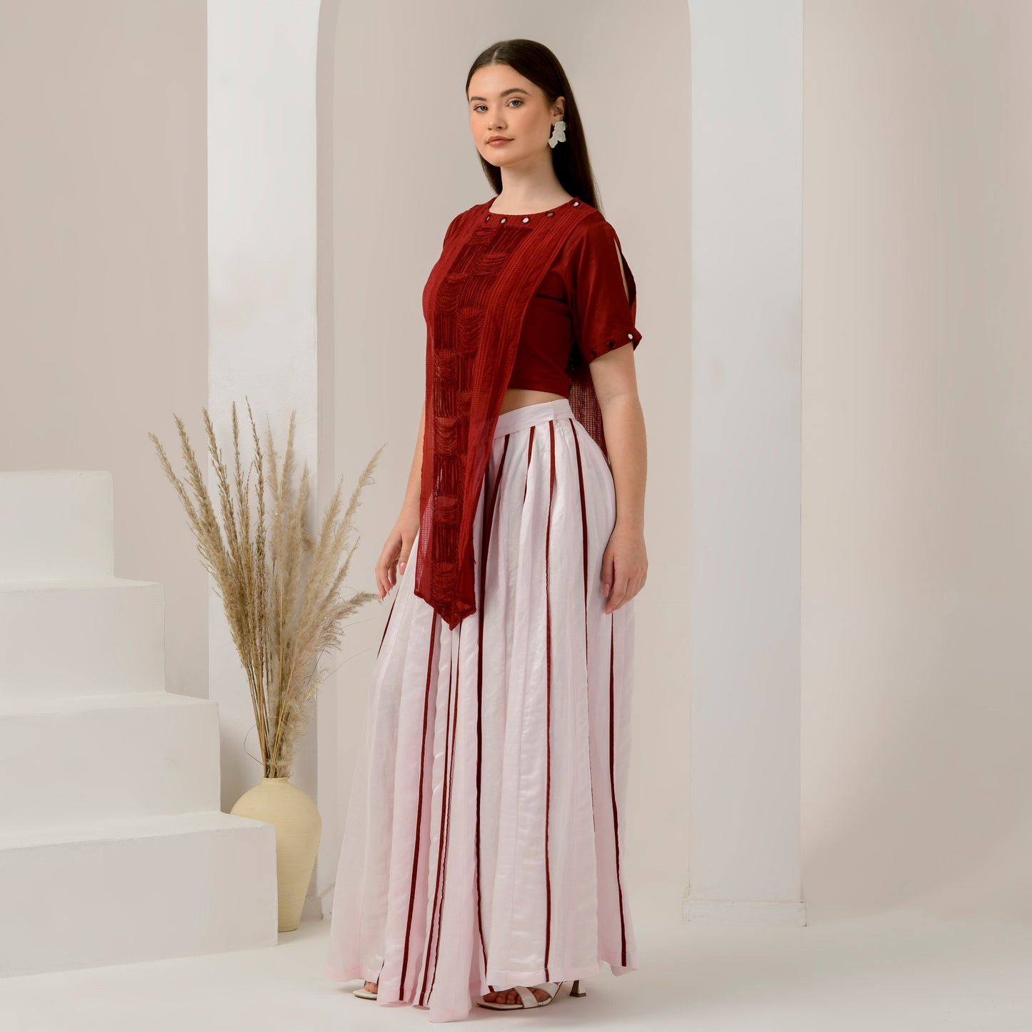 Pink and Red Hand Embroidered Asymmetric Top and Pleated Skirt Set